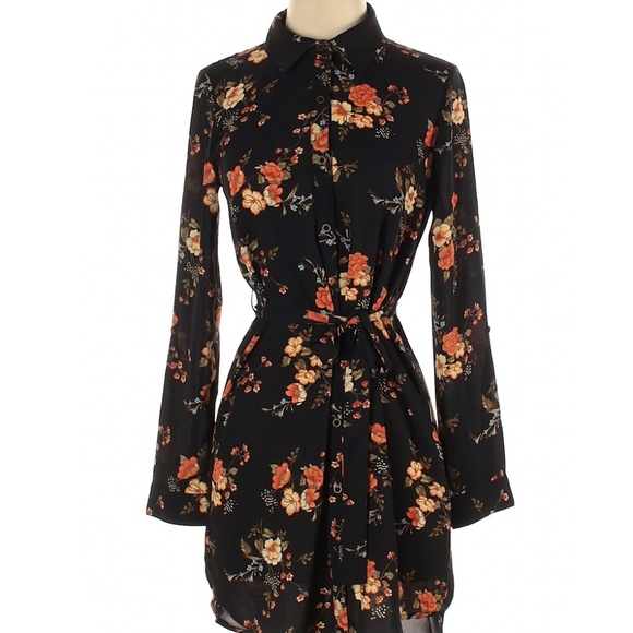 S Floral Collared Long Sleeve Shirt Dress